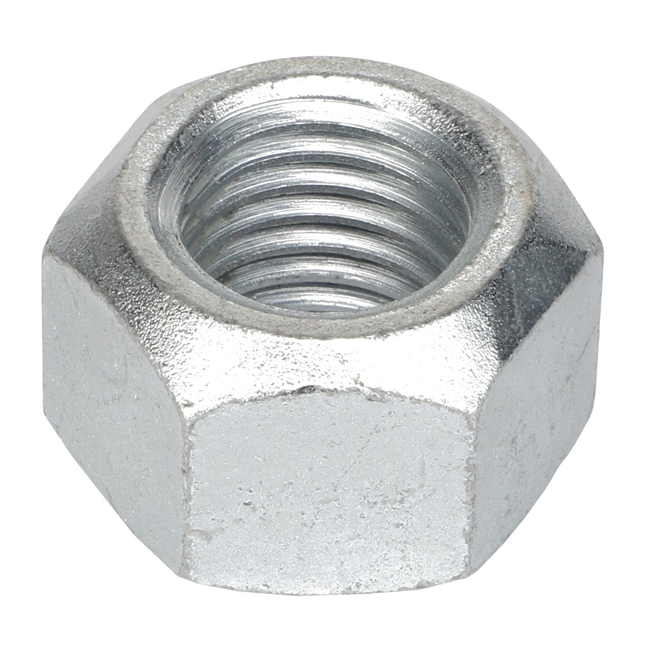 Close-up image of an AGCO Nut - X434106200000, featuring a metallic hex nut with a threaded interior, designed for fastening bolts or screws, ideal for use in Vario and Fendt Models.