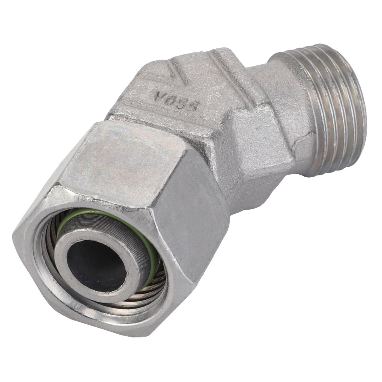 The AGCO Banjo Bolt - Acp0497930 is a metal hydraulic fitting featuring a threaded male end on one side and an angled female end on the other. The product currently lacks a detailed description.