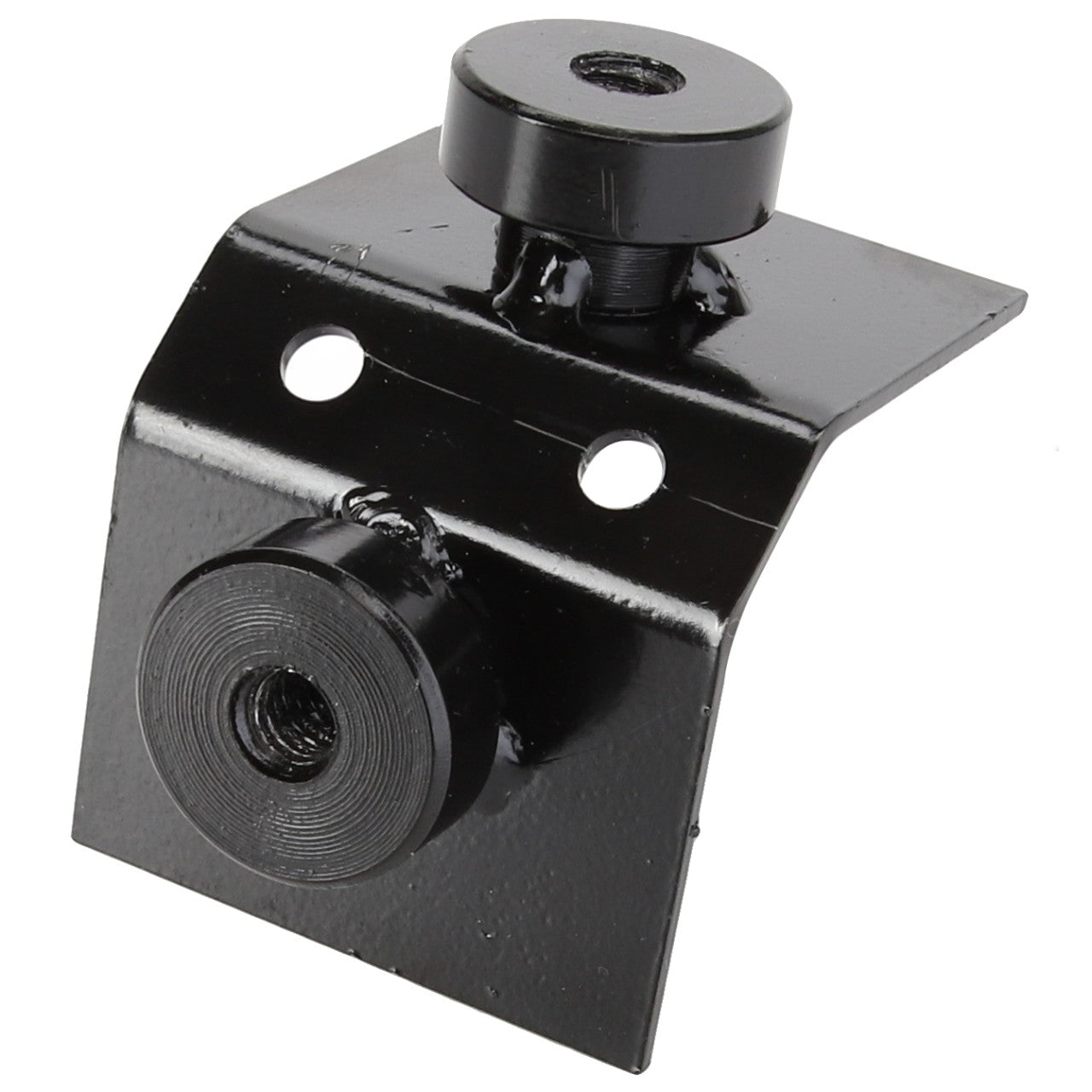 The AGCO Bracket - Acw014430A is a black metal bracket featuring two circular protrusions and two circular holes for mounting. No current product description is available for this item.