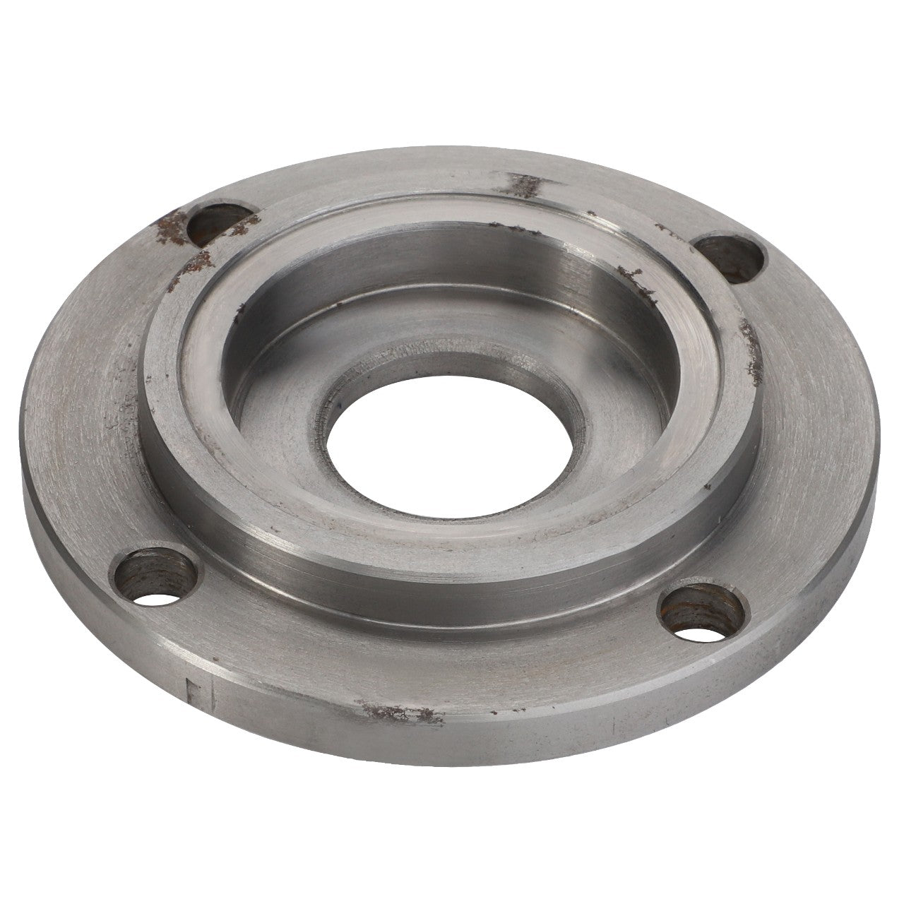 The AGCO BEARING CAP - ACY1203090 is a metal flange featuring a central hole and three evenly spaced smaller holes around the perimeter. It is typically utilized for mechanical or engineering applications. No further product description information is available at this time.