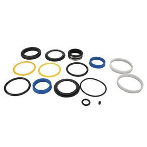 A collection of various-sized rubber O-rings and seals in black, yellow, blue, and white arranged on a white background. This is the AGCO | SEALS KIT - AL5036159 from the brand AGCO.