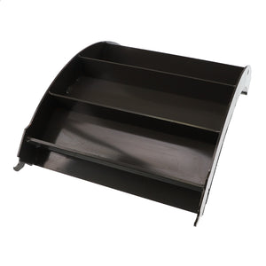 An AGCO | Separator Grate - Acw1862580, offered by AGCO, is a black, multi-tiered plastic shelf organizer with four levels and curved sides designed to hold and display items efficiently; however, no information is available on its weight capacity.