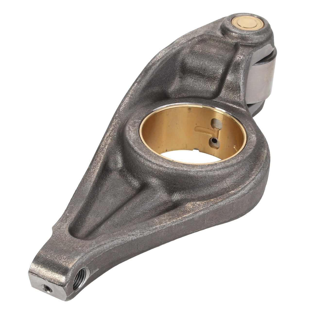 The AGCO Rocker Arm - Acp0359890 is a metal automotive component featuring a circular opening at the center, likely to be used in suspension systems, with an area for a bearing or bushing and machined surfaces. No detailed product description is currently available.