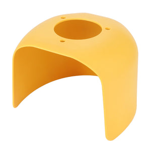 The AGCO Protective Pot - 737150201600 is a yellow plastic cover with a curved design and a central circular opening, reminiscent of Fendt Vario machinery, featuring three small holes around the primary opening.