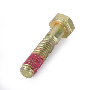 The AGCO | HEXAGONAL HEAD BOLT - D28284940 is a metallic hex bolt featuring a partially threaded shaft and a red lock patch on the threads, designed for secure fastening.