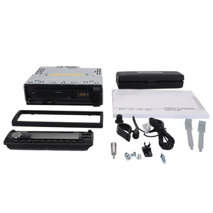 AGCO | Radio Push Butt. - 4378783M2 car stereo installation kit by AGCO includes a stereo unit, faceplate, wiring, mounting brackets, screws, remote control, and user manual arranged on a white background. Perfect for various vehicle types, including Fendt fitment.