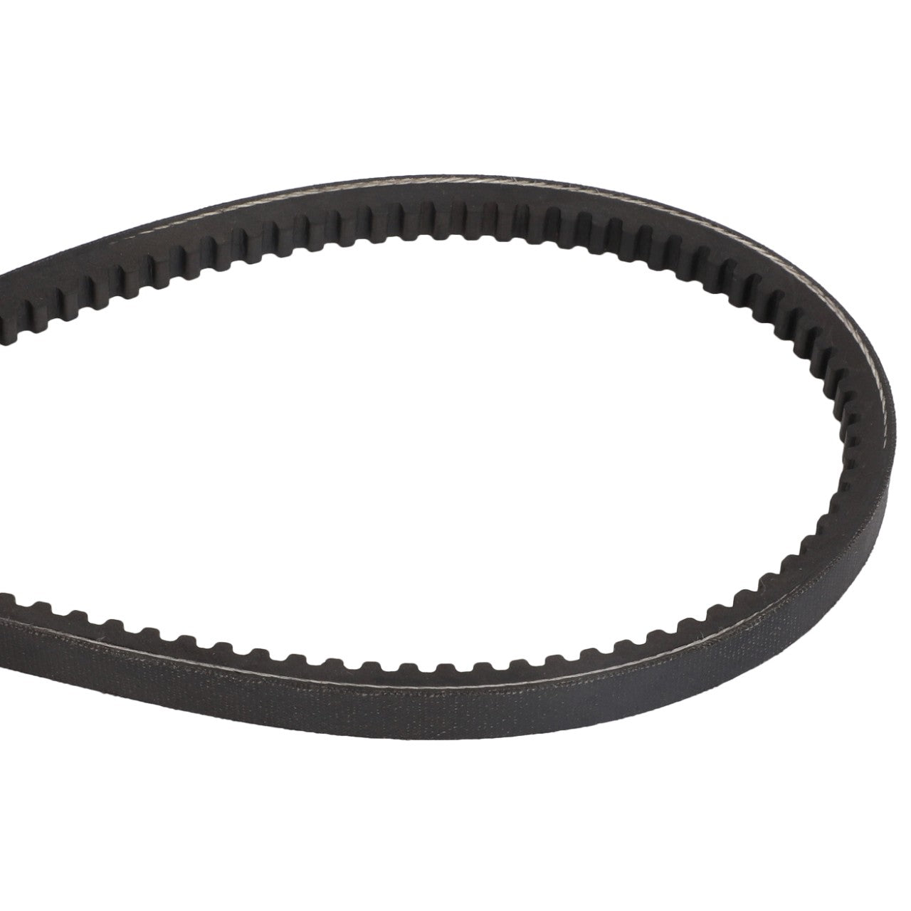 The AGCO V BELT - D41990027 is a black, toothed rubber belt in an oval shape, typically used for machinery or automotive applications.