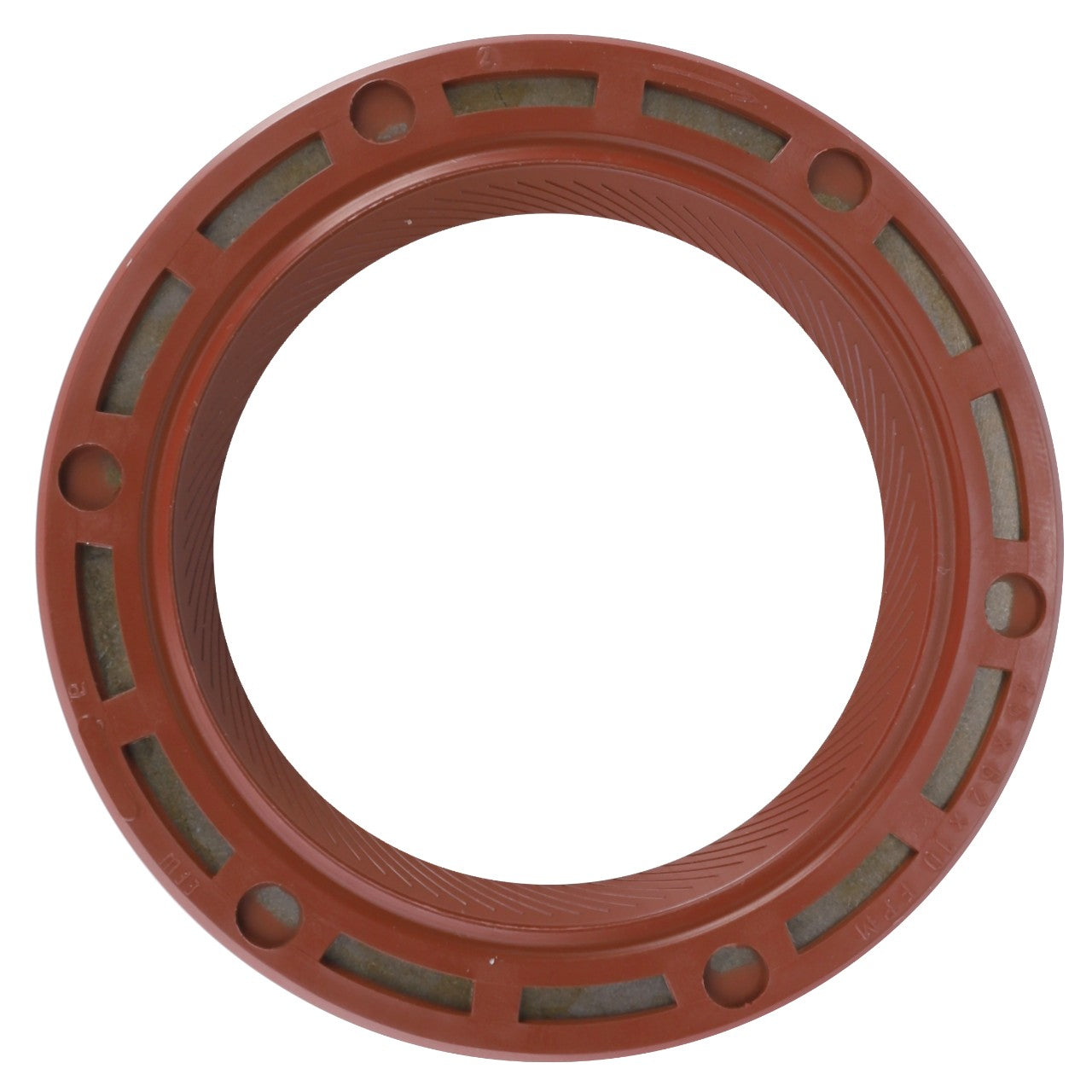 The AGCO Radial Seal Ring, part number 3382237M1, is a circular brown rubber gasket featuring multiple rectangular and circular cutouts around its perimeter. It is designed as a genuine seal for transmission shaft applications in Massey Ferguson models.