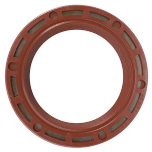 The AGCO Radial Seal Ring, part number 3382237M1, is a circular brown rubber gasket featuring multiple rectangular and circular cutouts around its perimeter. It is designed as a genuine seal for transmission shaft applications in Massey Ferguson models.