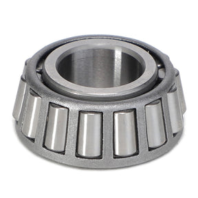A close-up view of the AGCO Tapered Roller Bearing Cone - 831055M1, showcasing its cylindrical shape with inner and outer metal rings and tapered roller elements, commonly used in MF models.