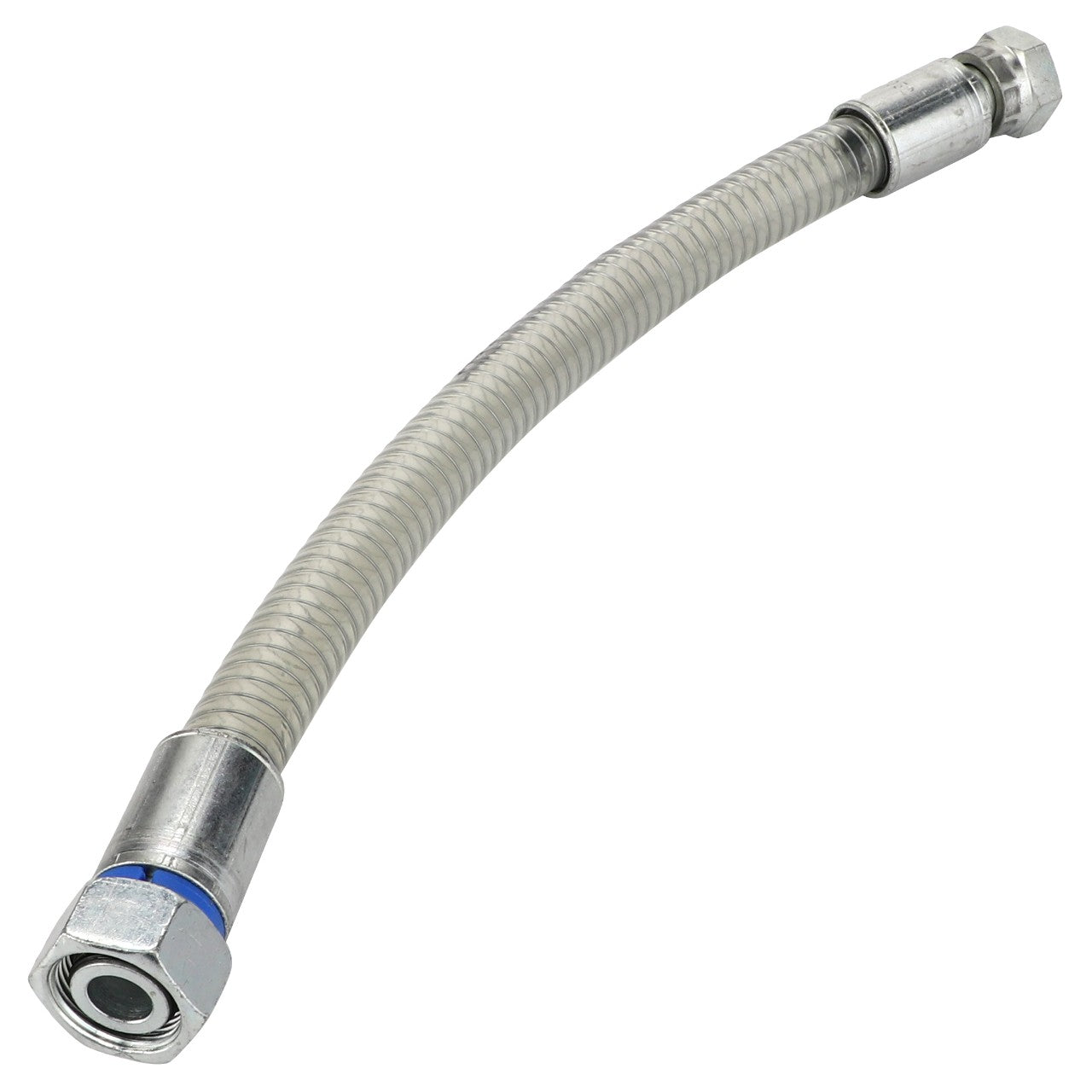 Introducing the AGCO HYDR. HOSE - D45130032: a versatile flexible metal hose featuring hexagonal fittings on both ends, perfect for plumbing or industrial applications.