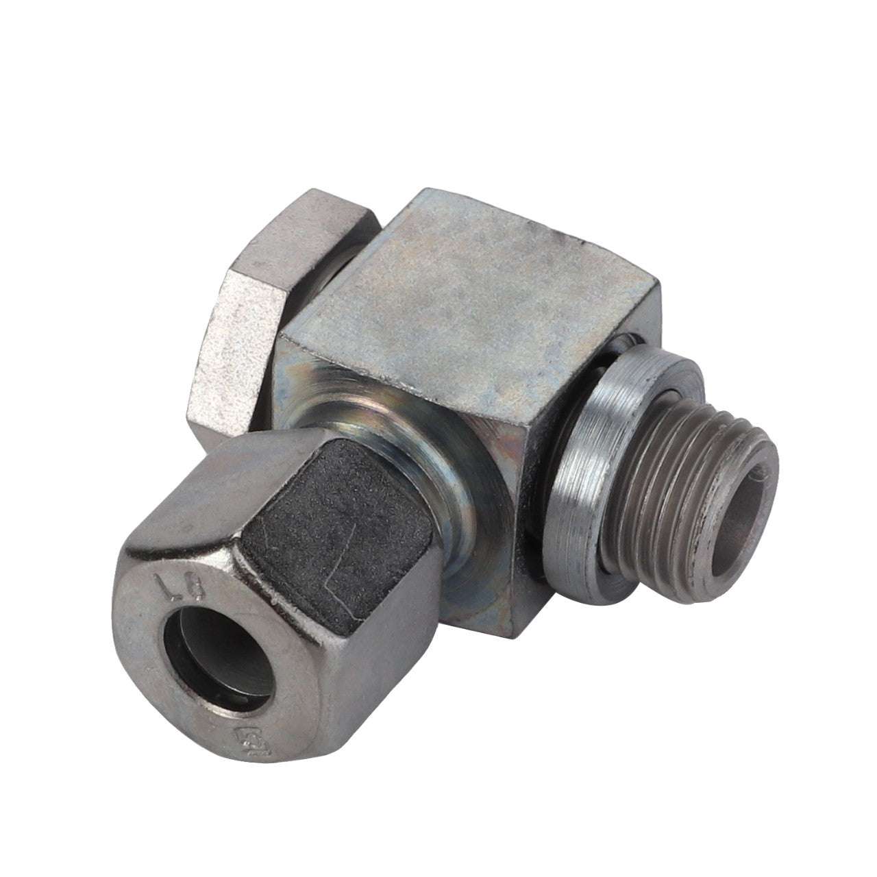 A metallic, angled pipe fitting with threaded connectors and a hexagonal nut, resembling the precision engineering of an AGCO Pivot Threaded Connection - F835500160220.