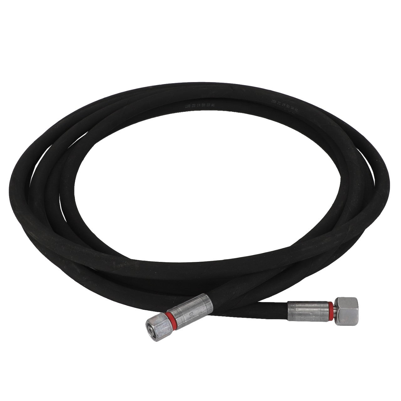 The AGCO Hydraulic Hose - Fel152970 is a durable, coiled black hose with metal fittings on both ends, featuring a straight connection on one end and an angled connection on the other.