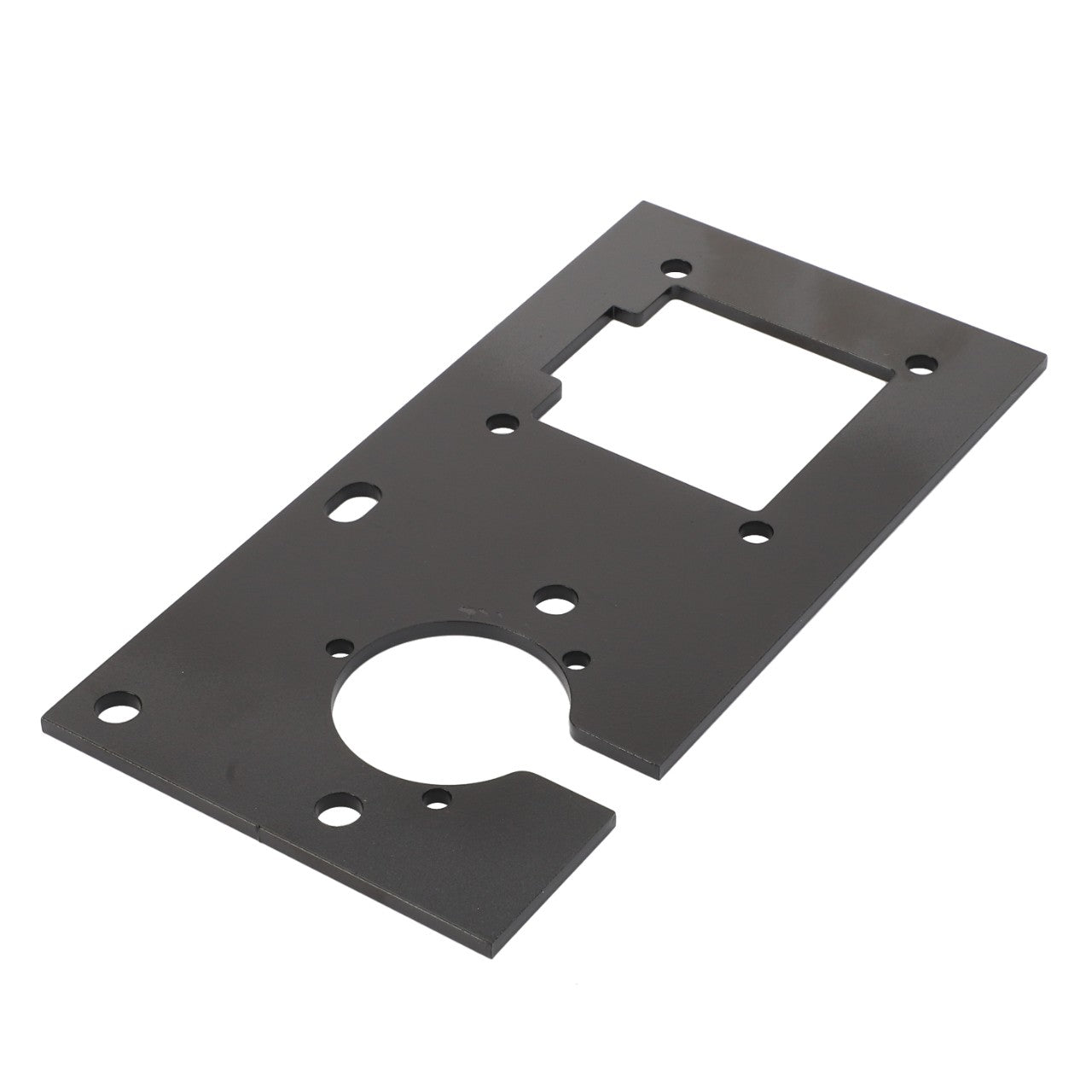 The AGCO | Support - 4387628M2, a rectangular metal mounting plate with multiple cutouts and screw holes, features a large circular cutout and a rectangular cutout, designed for Dyna-4 compatibility.