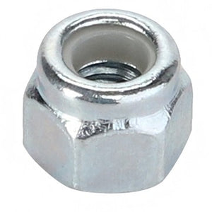 A close-up image of the AGCO Hex Top Lock Nut - Acw1963770, a silver hexagonal nut featuring a white nylon insert. No current product description information is available.