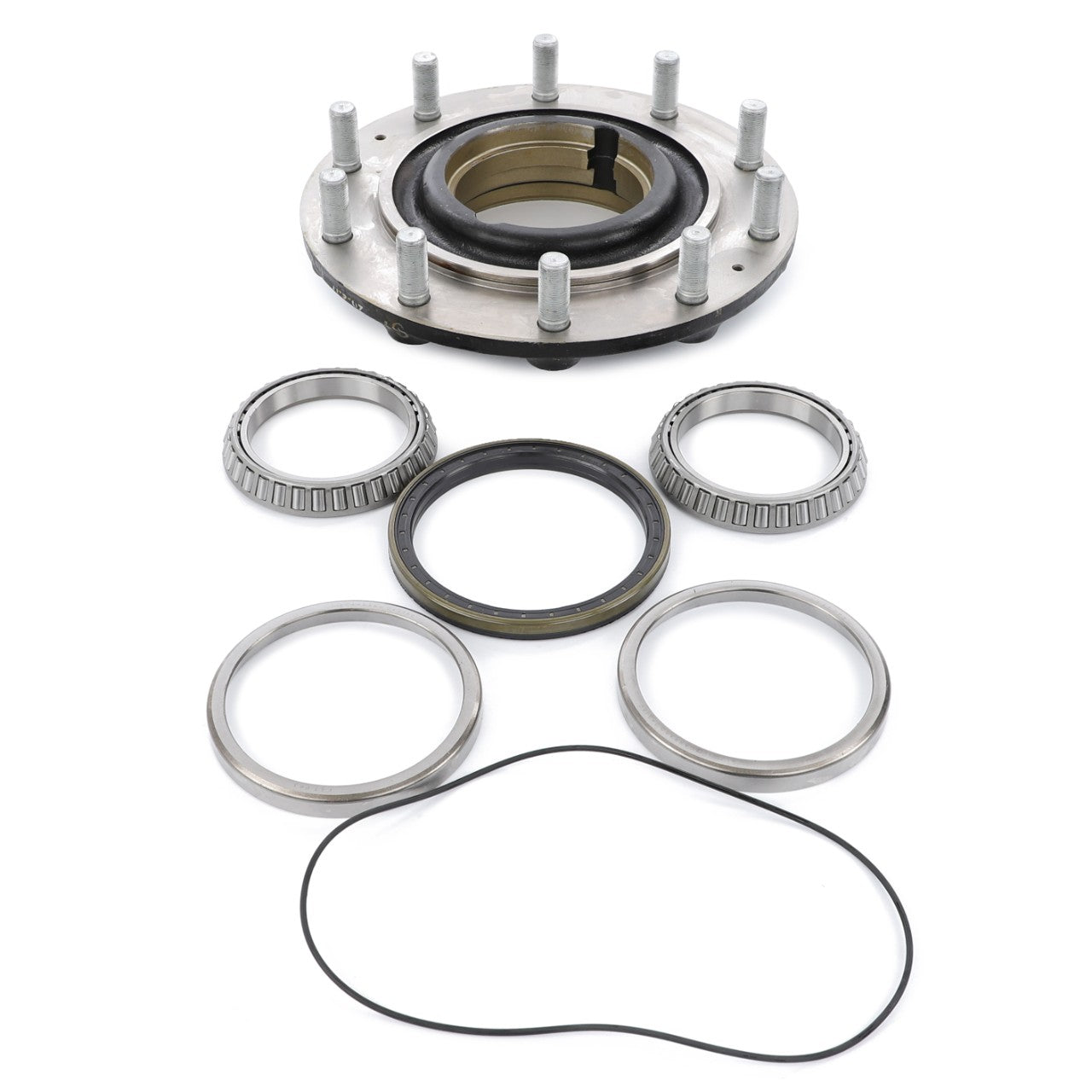 A neatly arranged set of automotive wheel hub components, including a hub, bearings, seals, and an O-ring, displayed on a white background. The AGCO Kit Hub - Acp0300360 is ideal for maintaining your AGCO tractor with AGCO Parts Genuine quality.