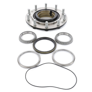 A neatly arranged set of automotive wheel hub components, including a hub, bearings, seals, and an O-ring, displayed on a white background. The AGCO Kit Hub - Acp0300360 is ideal for maintaining your AGCO tractor with AGCO Parts Genuine quality.