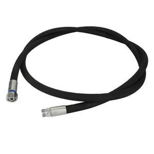 The AGCO Hydraulic Hose - Acw3445340, a black high-performance hydraulic hose with metal fittings and abrasion-resistant coverings, is coiled on a white background.