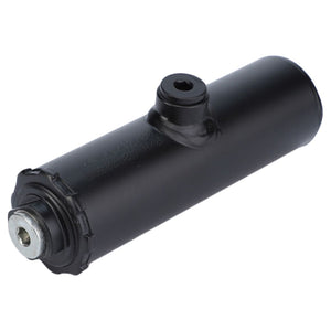 The Hydraulic Filter Assembly - W247850B from AGCO is a cylindrical black metal part featuring a threaded connection on one end and a small perpendicular pipe near the top, ensuring ease of use and maintenance.