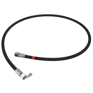 The AGCO Hydr. Hose - Acp0296390 is a black, flexible hose equipped with metal connectors on both ends: one straight and the other angled. It features a distinctive red marking near one end. Currently, there is no product description available for this item.