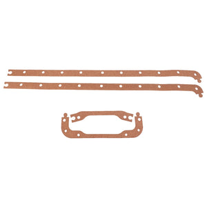 Three brown cork gaskets, identified as AGCO Oil Sump Gasket - V836322538, are arranged on a white background. Two long and narrow gaskets are positioned at the top, while a shorter, rectangular gasket is placed at the bottom. No current product description is available for this item from AGCO.