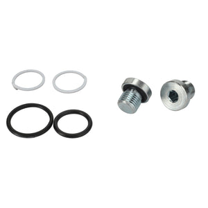 Product Description: The AGCO Seal Kit - Acp0296550 includes two metal bolts with hexagonal sockets, two black O-rings, and two white washers, all arranged on a plain background.