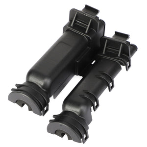 The AGCO Connector Sleeve - Acp0614130 by AGCO consists of two black plastic automotive connectors with locking mechanisms, cylindrical bodies, and grooved handles that are slightly angled towards each other.