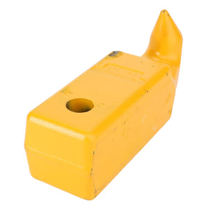 The product is an AGCO Hook, Trailer Hitch (F835500160170) with a yellow metal part featuring a rectangular base, a round hole, and a pointed tip at one end. The surface shows minor wear and is likely used in hitch and linkage components for Fendt Vario machinery.