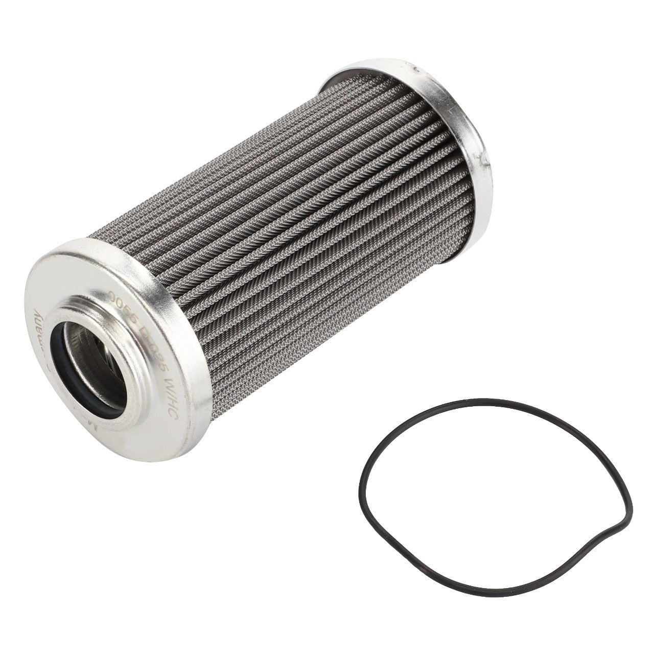 The AGCO Hydraulic Filter Element Kit - Acp0313690 features a cylindrical metal filter with a fine mesh adjacent to a black circular rubber gasket, all set against a white background. No current product description available.