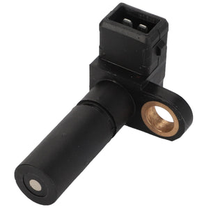 The AGCO Engine Speed Sensor - F002900020090 is a black cylindrical automotive sensor that features a connector port and a mounting hole.