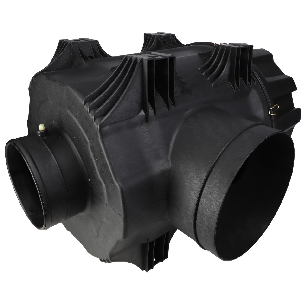 No current product description conveys the sleek functionality of the AGCO Air Cleaner Assembly - Acw0381750, featuring black plastic construction with cylindrical inlets and a ribbed surface design.