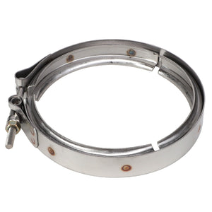 The AGCO | V-Band Clamp - AG130246 by AGCO is a stainless steel clamp featuring a bolt-tightening mechanism that delivers robust radial clamping force, making it ideal for securing cylindrical objects or pipe connections, even in harsh conditions.