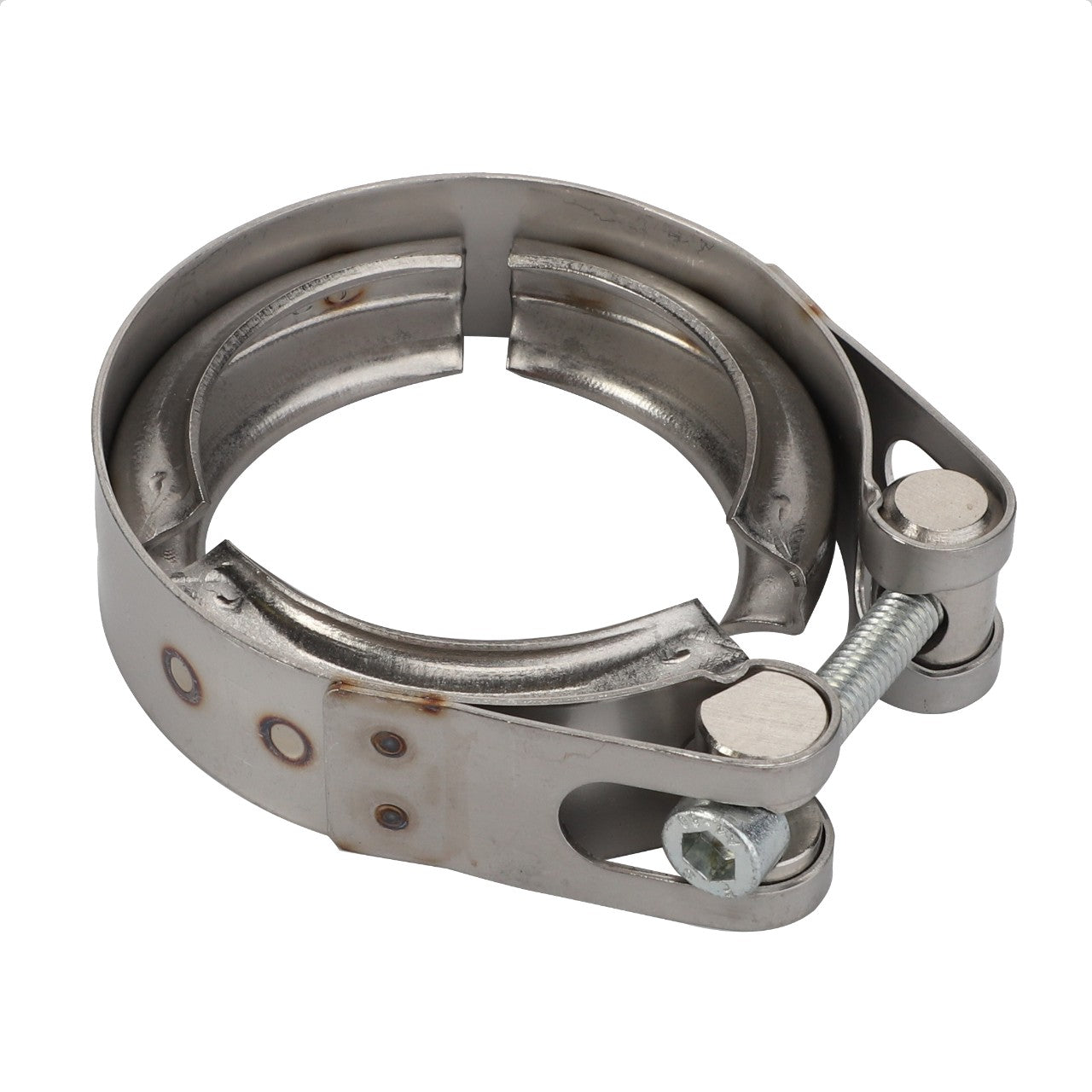 No Current Product Description Available: The AGCO | Profile Clip - Acp0359580 is a metal V-band clamp with a T-bolt closure, typically used for securing piping and tubing connections in automotive and industrial applications.