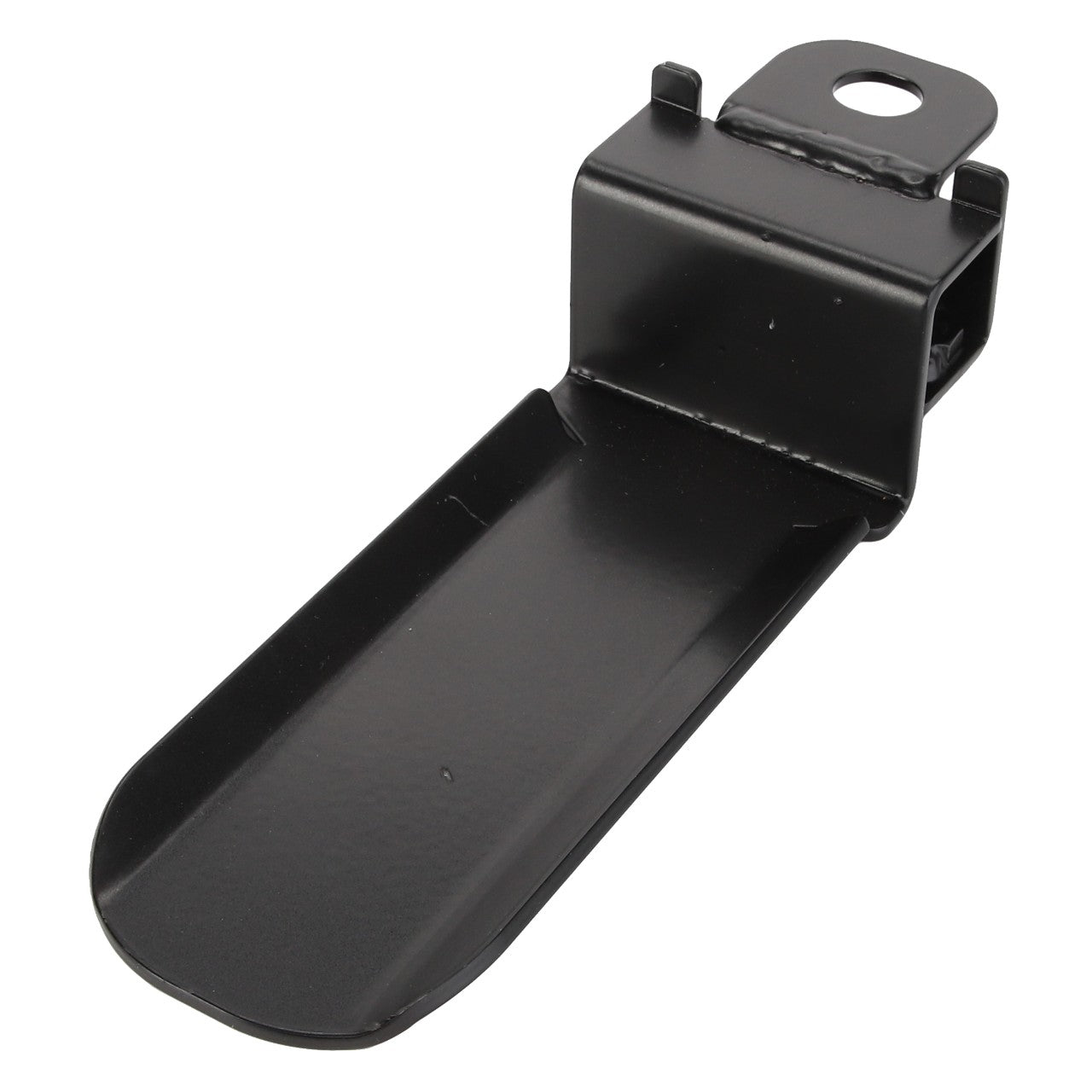 The AGCO Bracket - Acw354587A is a black L-shaped metal bracket featuring a hole on the top for mounting and a flat base for support. Currently, no additional product description information is available.