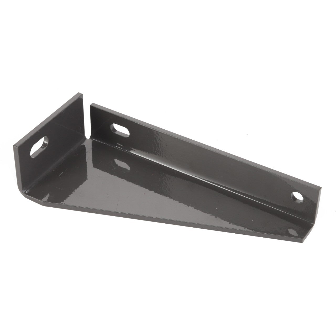 The AGCO | BRACKET - D28186215 by AGCO is a durable gray L-bracket crafted from metal, featuring strategically placed mounting holes on both the vertical and horizontal sections for secure support or fastening.