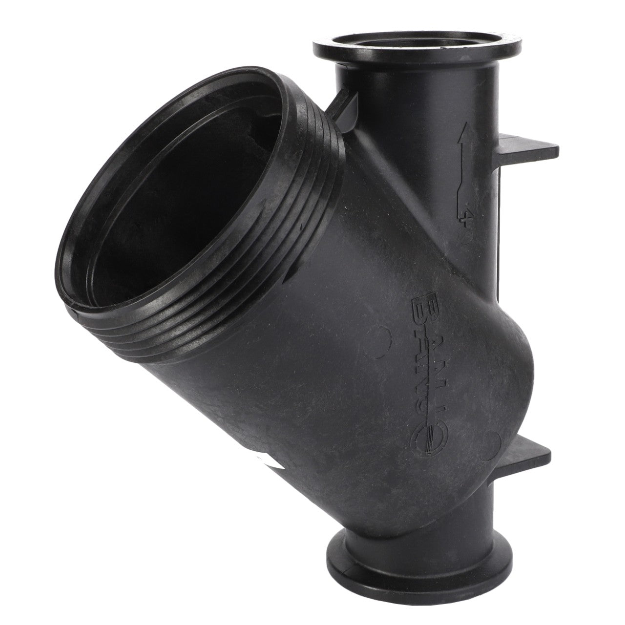 AGCO Filter Body - Acw0813530, a black plastic Y-shaped pipe fitting with grooved and threaded ends, designed for plumbing applications. No additional information available.