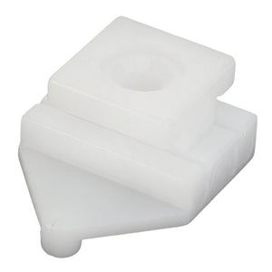 AGCO | SLIDER - F716501030200: A white plastic bracket from AGCO with a rectangular base, an angled front, and a circular hole at the top. No additional product description information is currently available besides these key features.