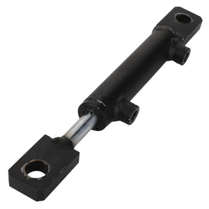 A sleek black AGCO hydraulic cylinder featuring a silver piston rod, designed with mounting holes on both ends for easy attachment.