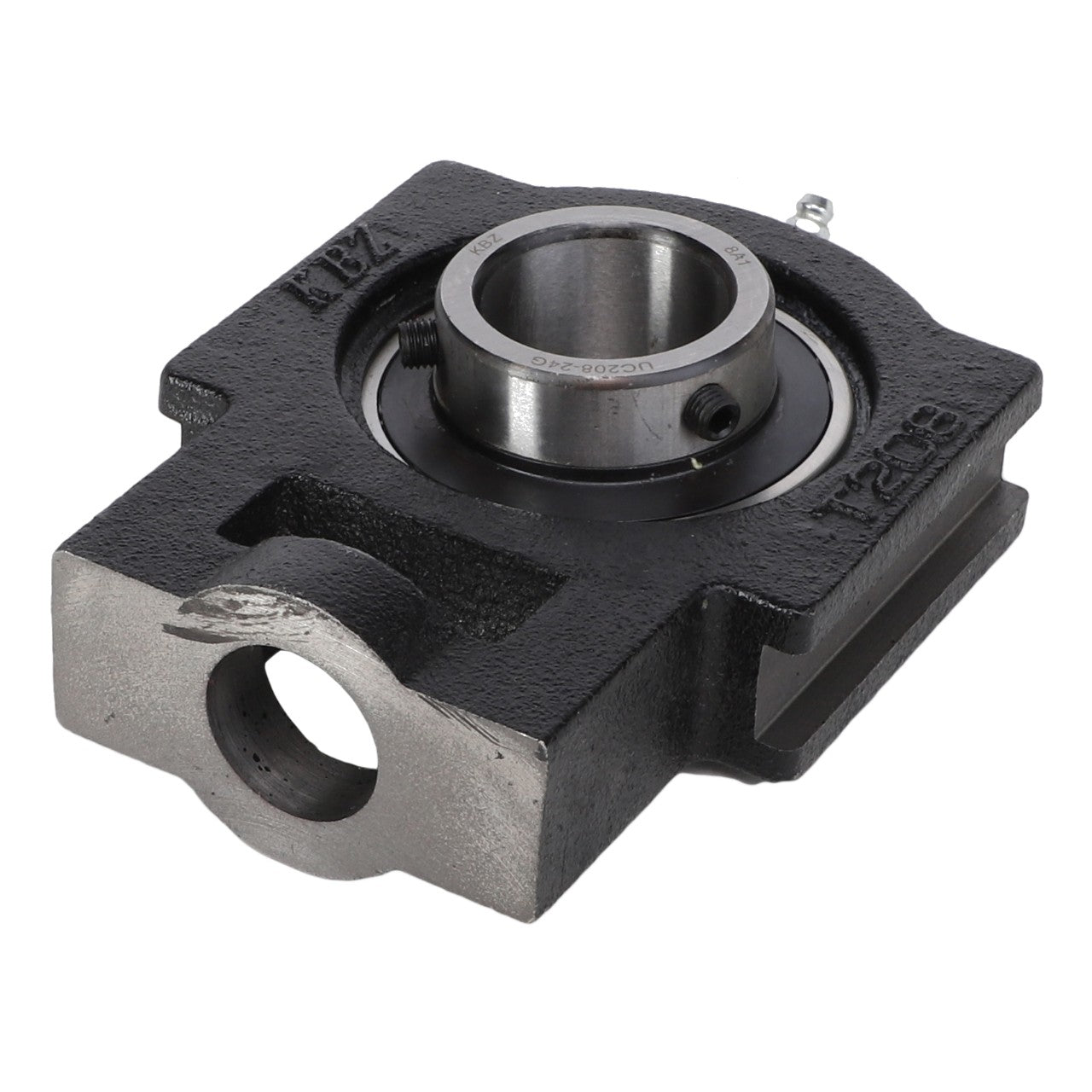 Introducing the AGCO | BEARING - AG703811 by AGCO: a black and silver housed bearing unit featuring a bore hole, specifically designed for mounting on machinery or equipment.