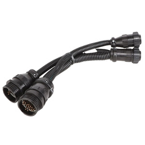 The AGCO Adapter Cable, Viper Console - AG427106 is a black Y-splitter cable with circular connectors on both ends, featuring flexible, corrugated tubing for protection and ensuring operational safety. Trust AGCO Parts Genuine Electrics for your electrical parts needs.