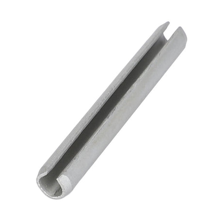 Close-up of the AGCO | Roll Pin - Fel107469, a cylindrical metal pin featuring a slit running along its length, pictured on a white background.