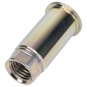 The AGCO Hex Bushing - Acw7014150, a chrome-plated threaded metal connector ideal for plumbing or automotive applications, lies horizontally on a pristine white background.