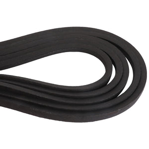 The AGCO | KIT, BELT - D41983300 by AGCO is a robust coiled black rubber V-belt, essential for efficient power transmission in automotive engines and assorted machinery.