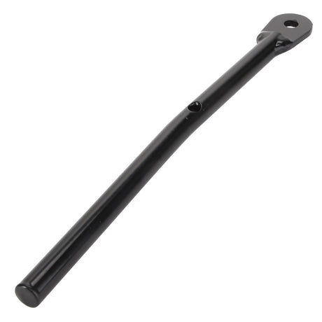 A sleek black metal rod from AGCO, model Acp0424690, with a slightly curved shape, featuring a circular hole at one end and a small protrusion along its length.