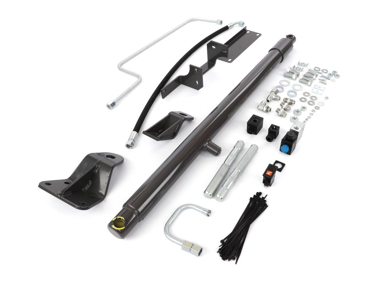 The AGCO Additional Header Lifting Ram - C1173011 kit, featuring metal brackets, hoses, bolts, and assorted hardware pieces, is neatly arranged on a plain white background. No current product description information is available.