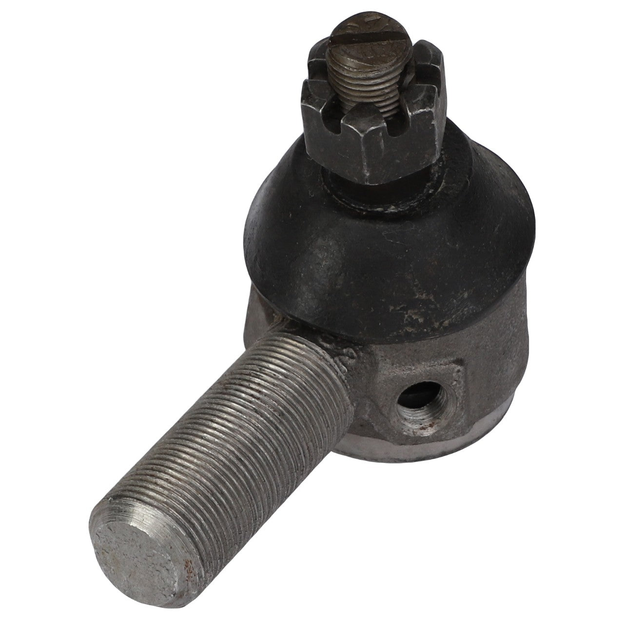 Close-up image of the AGCO Ball Joint (8045676) showcasing the metal tie rod end with a threaded shaft and a cotter pin in the castle nut. For any questions about ordering or needing assistance, please contact our support team.