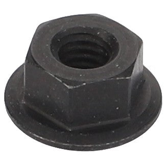 Presenting the AGCO Hex Flange Nut - ACW2909750, a rugged black hexagonal flange nut perfect for secure fastening.