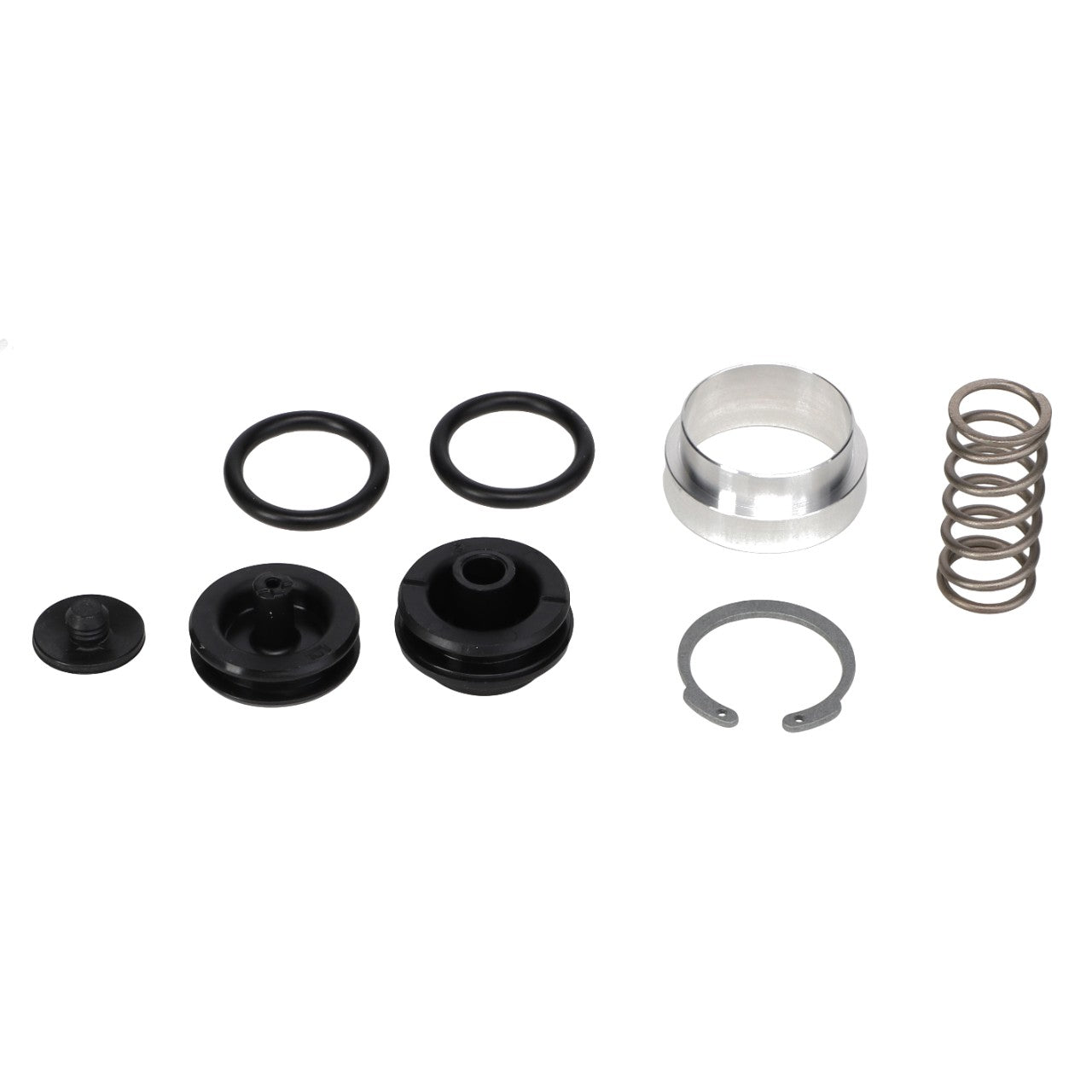 A collection of small mechanical parts, including o-rings, a metal spring, a metallic ring, and black plastic components arranged on a white background, reminiscent of the precision found in the AGCO Turbo Valve Kit - AG723383 for optimal engine performance.