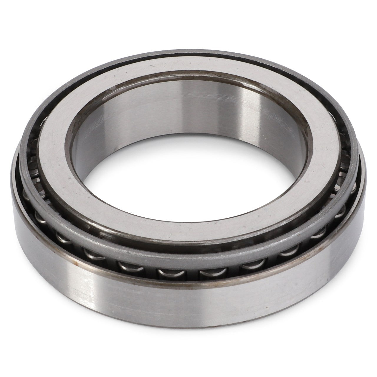 The AGCO Tapered Roller Bearing, Front Axle - 391339X1, is a metallic cylindrical bearing with an inner and outer ring that includes rolling elements aligned in a circular pattern, making it ideal for Massey Ferguson machinery in the off-road industry.