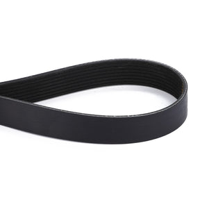 The AGCO Serpentine Belt, Pk8 Profile - Acw1752880, designed for optimal performance in machinery or engines, is shown looped against a white background. This black rubber V-belt meets stringent engine specifications and ensures reliable functionality. Ideal for those seeking AGCO Genuine Serpentine Belts.